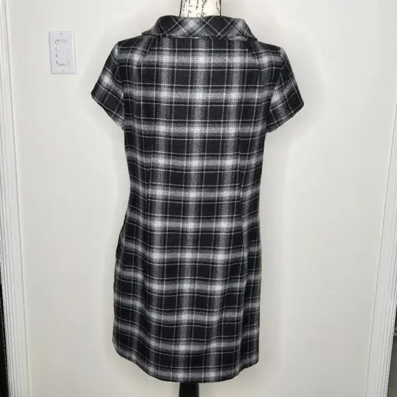 FRENCH CONNECTION Black and Gray Plaid Short Sleeve Cowl Neck Dress Pockets 8 - Picture 3 of 11